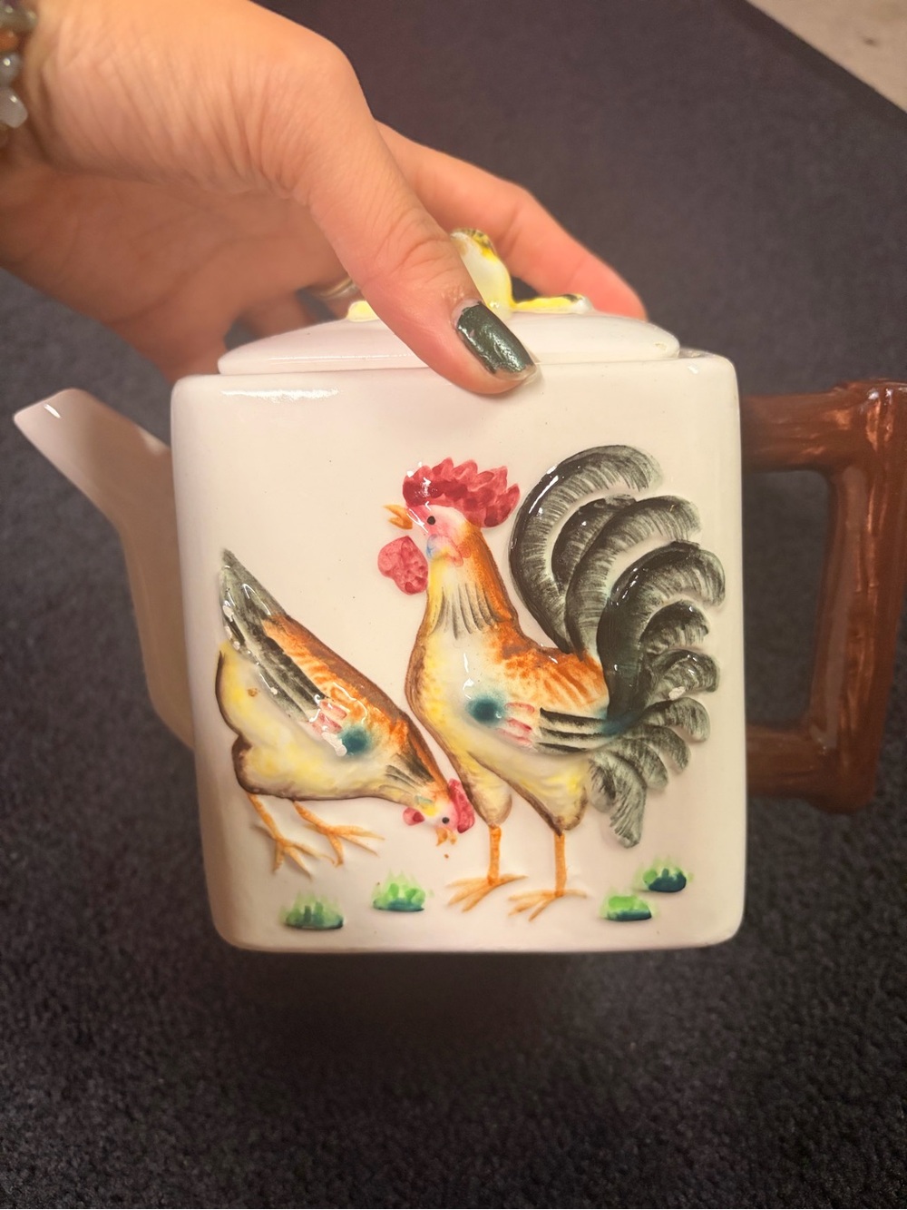 Decorative Rooster Ceramic Teapot - White with Multicolor Rooster Design